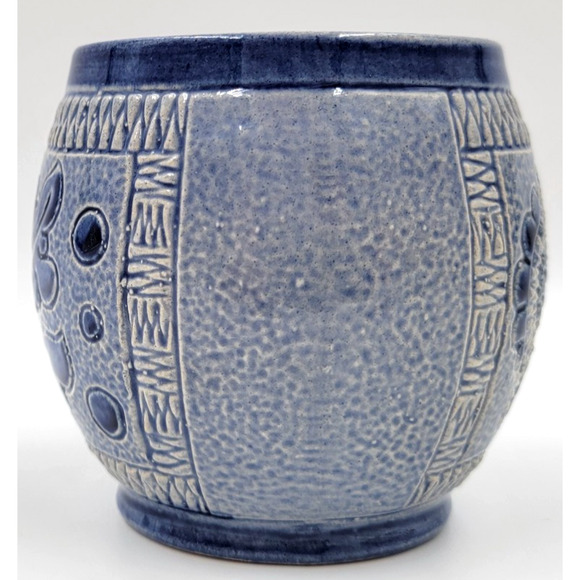 2 Marzi Remy 3141 Pottery Mug German Stein Blue Engraved Floral Cup 1950 - 1970 - Picture 6 of 8